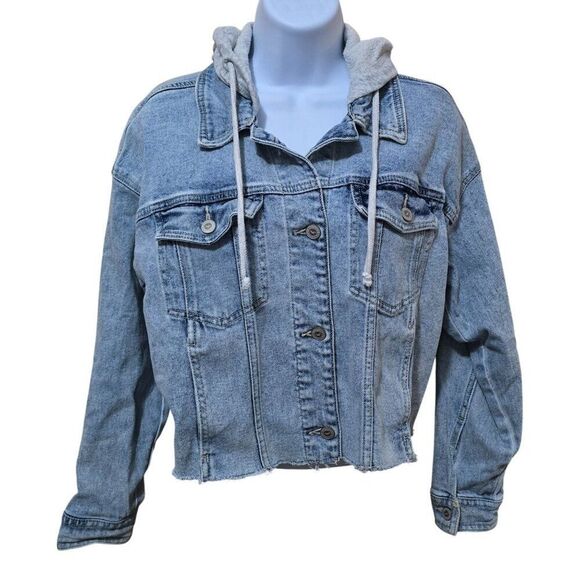 Cropped Oversized Denim Jacket With Gray Hoodie & Frayed Hem Womens Size XXS - Picture 1 of 13